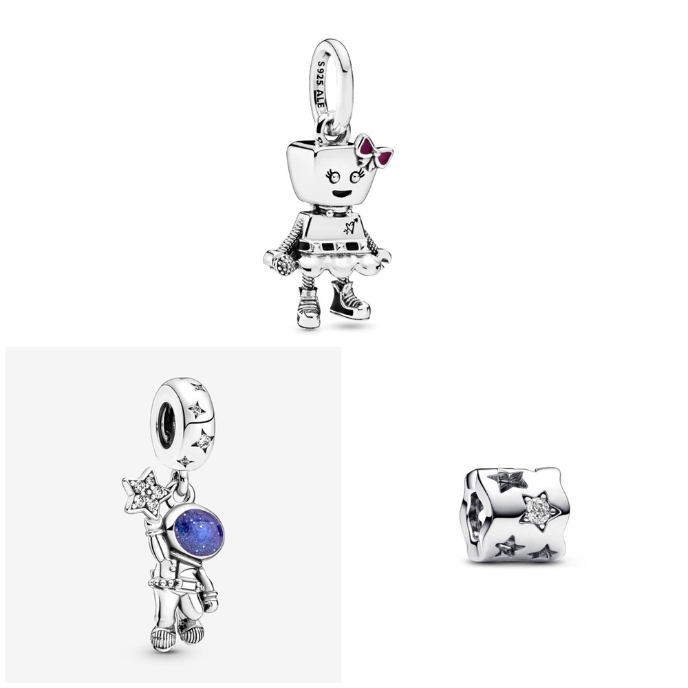Silver Robot Charm with Blue and Pink Accents
